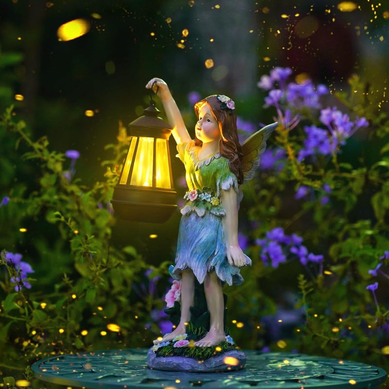 Pohabery Fairy Garden Statue Solar Garden Fairy with Lantern Light Outdoor Decoration Waterproof Solar Sculpture for Patio Yard Lawn Gift for Mom Grandma - Image 1